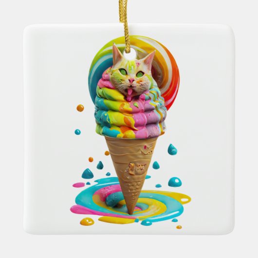 Niedliches Cat Ice Creme Cone farbig Keramikornament (Vorderseite)