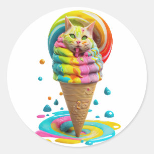 Niedliches Cat Ice Creme Cone farbig Runder Aufkleber