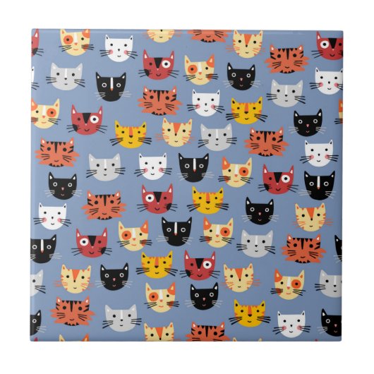 Niedliches Cat Pattern Blau Fliese (Vorderseite)