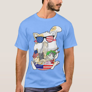 Niedliches Cat Ramen mit amerikanischem Flaggenmus T-Shirt