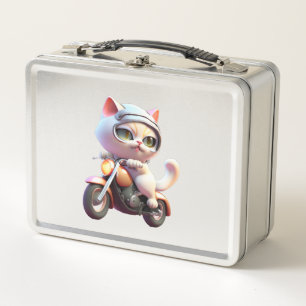 NIEDLICHES CAT-Reiten auf einem klassischen Motorr Metall Brotdose