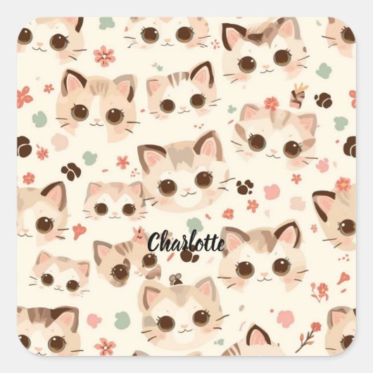 Niedliches Cat simple pet kitta Pattern Party Quadratischer Aufkleber (Vorderseite)