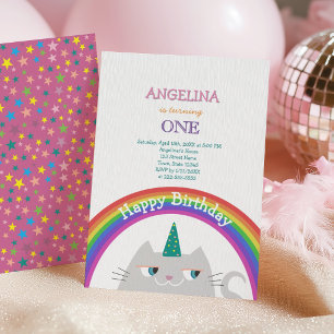 Niedliches Cat Unicorn Girl 1. Geburtstag Einladung