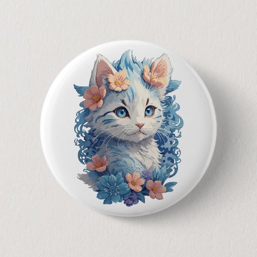 Niedliches Cat Watercolor-Gemälde mit floralem Spl Button (Vorderseite)