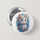 Niedliches Cat Watercolor-Gemälde mit floralem Spl Button (Vorne & Hinten)