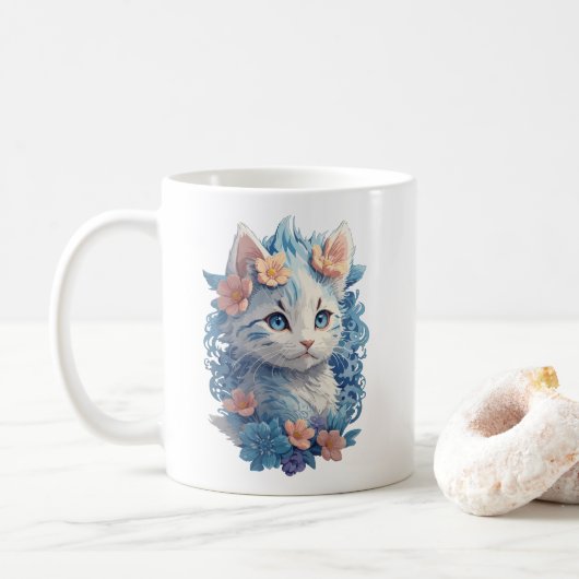 Niedliches Cat Watercolor-Gemälde mit floralem Spl Kaffeetasse (Mit Donut)