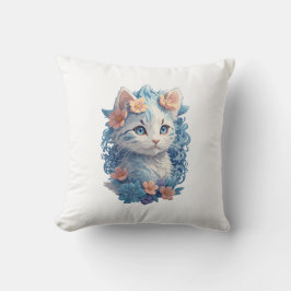 Niedliches Cat Watercolor-Gemälde mit floralem Spl Kissen