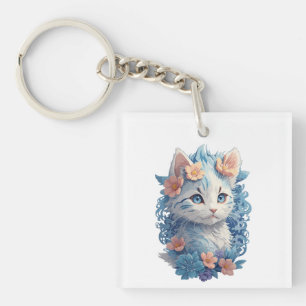 Niedliches Cat Watercolor-Gemälde mit floralem Spl Schlüsselanhänger
