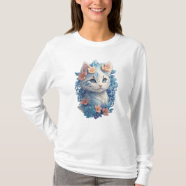 Niedliches Cat Watercolor-Gemälde mit floralem Spl T-Shirt