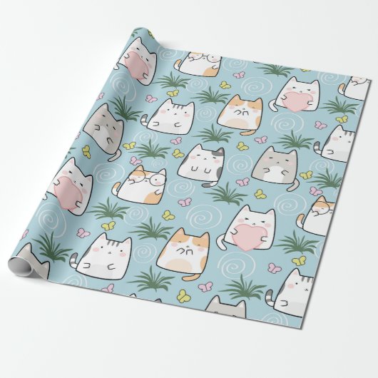 Niedliches Cat Wrapping Paper - Cartoon Cats on Bl Geschenkpapier (Ungerollt)