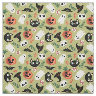 Niedliches Cats & Pumpkins Olive Black Halloween M Stoff