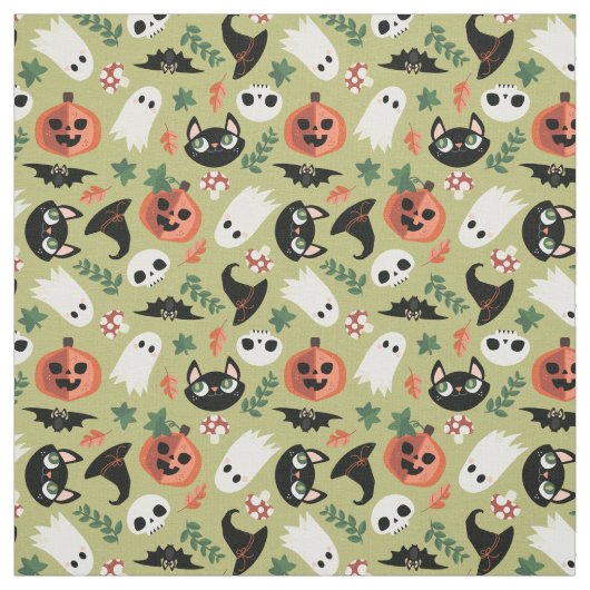 Niedliches Cats & Pumpkins Olive Black Halloween M Stoff (Muster)