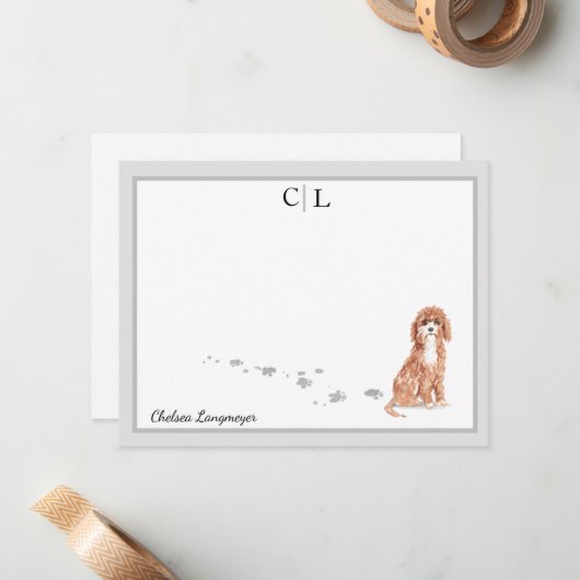 Niedliches Cavapoo Dog Graue Border Monogramm Ihr Mitteilungskarte (Vorderseite/Rückseite Beispiel)