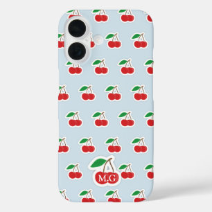 Niedliches Cherry-Muster auf hellblauer Monogramm iPhone 16 Hülle
