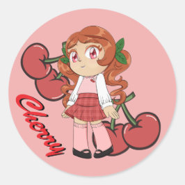 Niedliches Cherry Theme Chibi mit Kirschuntergrund Runder Aufkleber