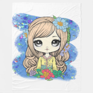 Niedliches Chibi Girl mit blauem Wasser und Glitze Fleecedecke