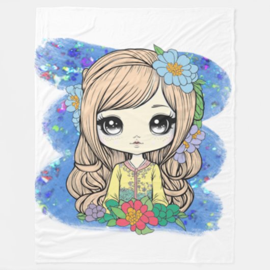Niedliches Chibi Girl mit blauem Wasser und Glitze Fleecedecke (Vorderseite)