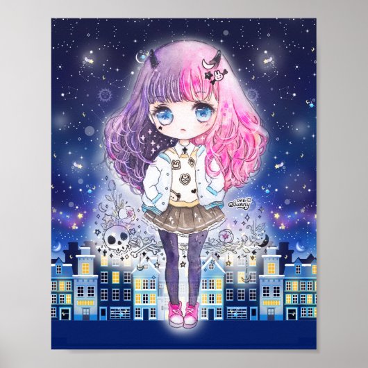Niedliches Chibi-Mädchen in einer Stadt der Sterne Poster (Vorne)