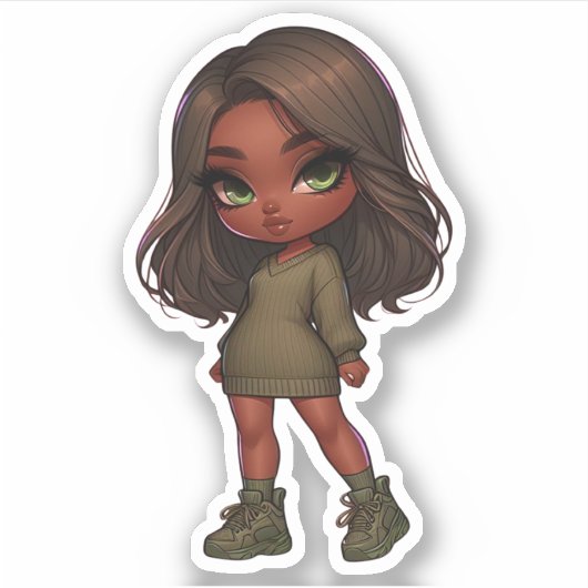 niedliches Chibi-Mädchen in Olivgrün Aufkleber (Vorderseite)