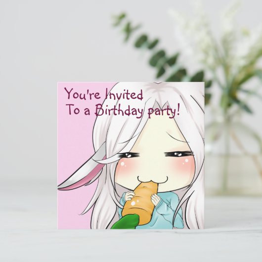 Niedliches Chibi-Mädchen mit Hasen-Ohren-Einladung Einladung (Stehend Vorderseite)