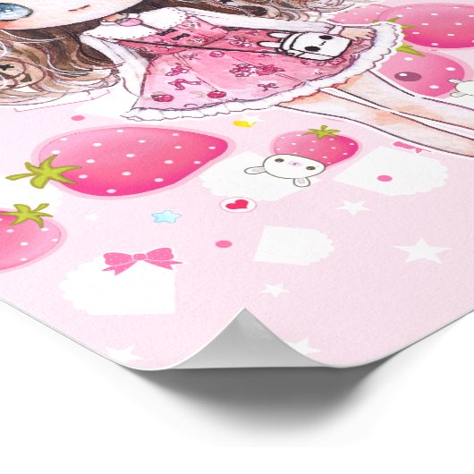 Niedliches Chibi-Mädchen mit Kawaii-Erdbeeren Poster (Ecke)