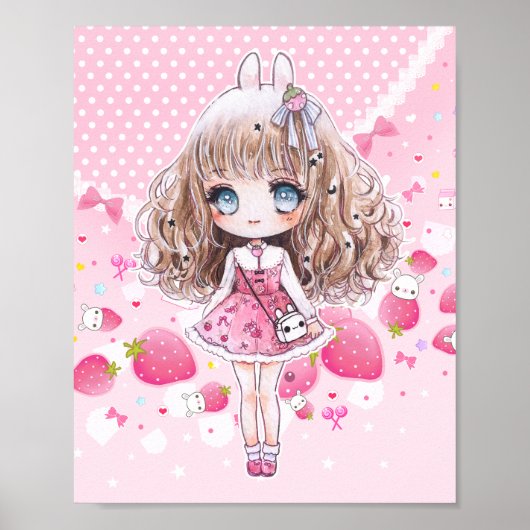Niedliches Chibi-Mädchen mit Kawaii-Erdbeeren Poster (Vorne)