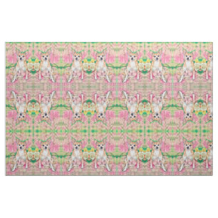 Niedliches Chihuahua Art Pink Green Dog Portrait Stoff