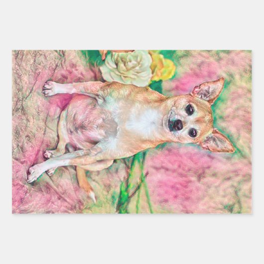 Niedliches Chihuahua Pink Green Art Hund Portrait Geschenkpapier Set (Vorderseite)