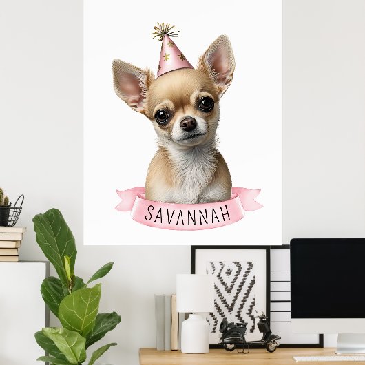 Niedliches Chihuahua Pink mit Namensdesign Poster (Heimbüro)
