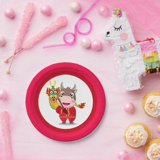 Niedliches chinesisches Neujahr der Ox-Züge Pappteller (Party)