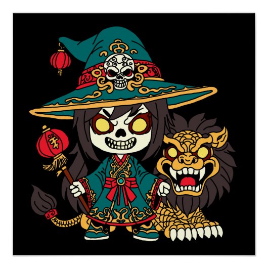 Niedliches chinesisches Neujahr - Hexe und Löwe Poster (Vorderseite)