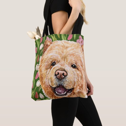 Niedliches Chow-Chow und Tulip-Blume-Muster Tasche (Von Nahem)