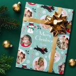 Niedliches Christmas Scottie Dog Aquamarin bearbei Geschenkpapier<br><div class="desc">Mit diesem niedlichen Weihnachtsgeschenk-Wrapper ein wenig skurriler Charme in die Urlaubssaison! Eine bearbeitbare Vorlage, personalisiert mit einem Namen und vier Fotos Ihrer Familie, Freunde oder Haustiere. Dieses nahtlose Muster zeigt originelle Kunstwerke eines schottischen Hundes, der einen roten Bogen trägt, während er im Schnee beißt! Es gibt einen glücklichen Schneemann mit...</div>