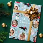 Niedliches Christmas Scottie Dog Blue Editable Fot Geschenkpapier<br><div class="desc">Mit diesem niedlichen Weihnachtsgeschenk-Wrapper ein wenig skurriler Charme in die Urlaubssaison! Eine bearbeitbare Vorlage, personalisiert mit einem Namen und vier Fotos Ihrer Familie, Freunde oder Haustiere. Dieses nahtlose Muster zeigt originelle Kunstwerke eines schottischen Hundes, der einen roten Bogen trägt, während er im Schnee beißt! Es gibt einen glücklichen Schneemann mit...</div>