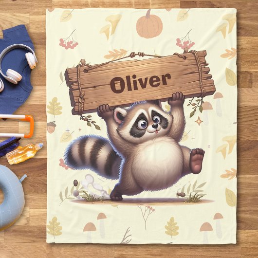 Niedliches Chubby Raccoon mit Holzschild Fleecedecke