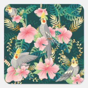 Niedliches Cockatiel Parrot Vintages Muster Quadratischer Aufkleber