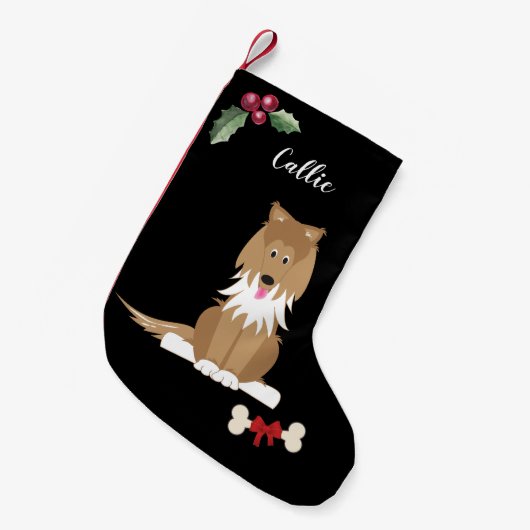 Niedliches Collie Dog Monogramm Schwarz Kleiner Weihnachtsstrumpf (Vorderansicht (hängend))
