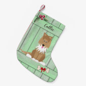 Niedliches Collie Hund Grünes Holzzaun Monogramm Kleiner Weihnachtsstrumpf (Vorderansicht (hängend))
