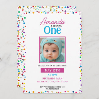 Niedliches Confetti Foto 1. Geburtstag Einladung
