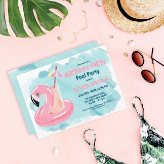 Niedliches Cooles Flamingo Pool Party Geburtstag Einladung