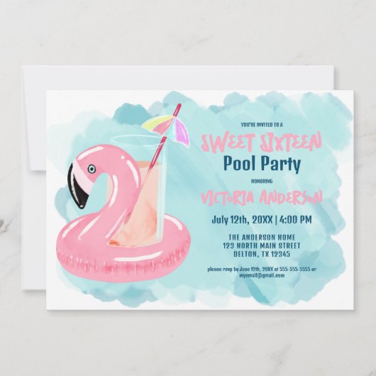 Niedliches Cooles Flamingo Pool Party Sweet 16 Einladung (Vorderseite)