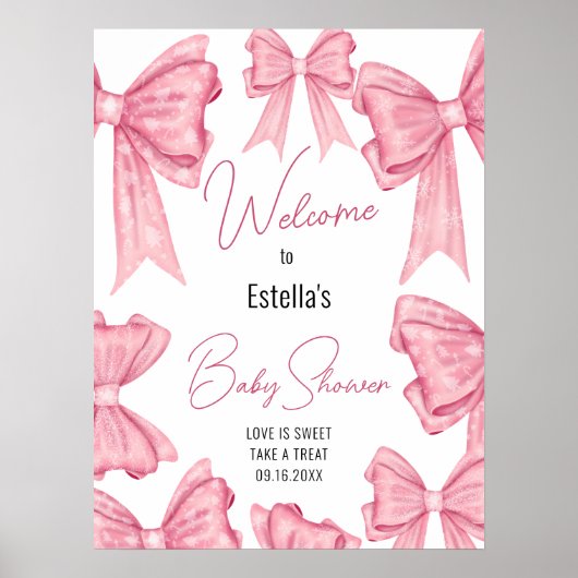 Niedliches Coquette Pink Bow Baby Dusche Begrüßung Poster (Vorne)