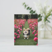 Niedliches Corgi bei Rose Postkarte (Stehend Vorderseite)