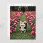 Niedliches Corgi bei Rose Postkarte (Vorne/Hinten)