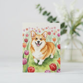 Niedliches Corgi Tulips Postkarte (Stehend Vorderseite)