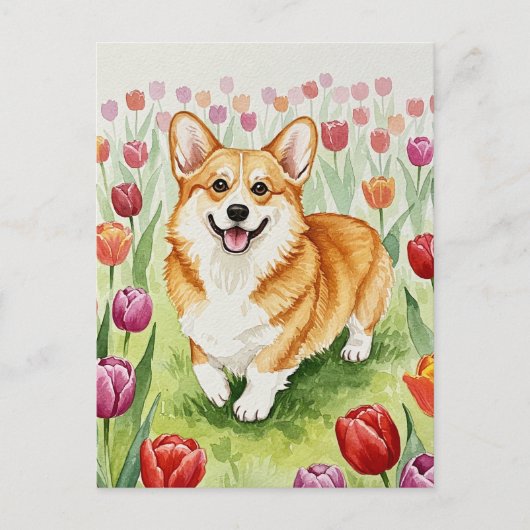 Niedliches Corgi Tulips Postkarte (Vorderseite)