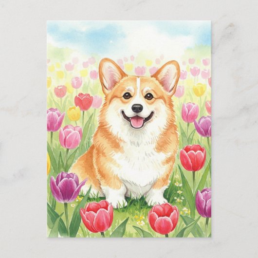 Niedliches Corgi Tulips Postkarte (Vorderseite)