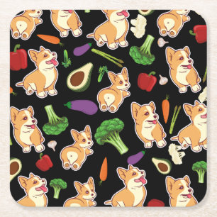 Niedliches Corgi und Gemüse - Muster schwarz Rechteckiger Pappuntersetzer