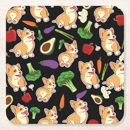 Niedliches Corgi und Gemüse - Muster schwarz Rechteckiger Pappuntersetzer (Vorderseite)
