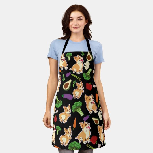 Niedliches Corgi und Gemüse - Muster schwarz Schürze (Getragen)